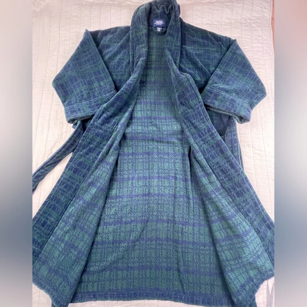 Nautica Green and Blue Cotton Terry Plaid Men's Robe One Size - Picture 5 of 11